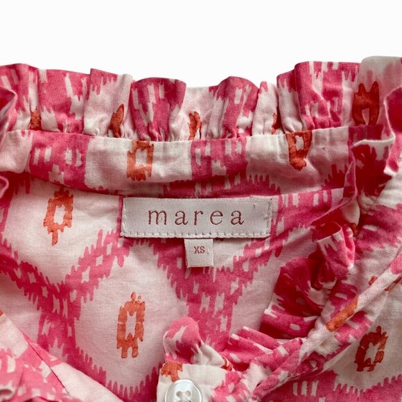 Marea Georgia Top XS Golden Hour Pink Print Cotton Tassel Tie Ruffle Blouse - Picture 7 of 9